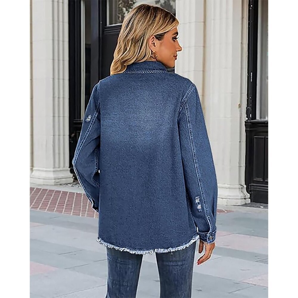 Women’s Oversized Denim Jacket Distressed Ripped Blue Casual Coat - Picture 3 of 5